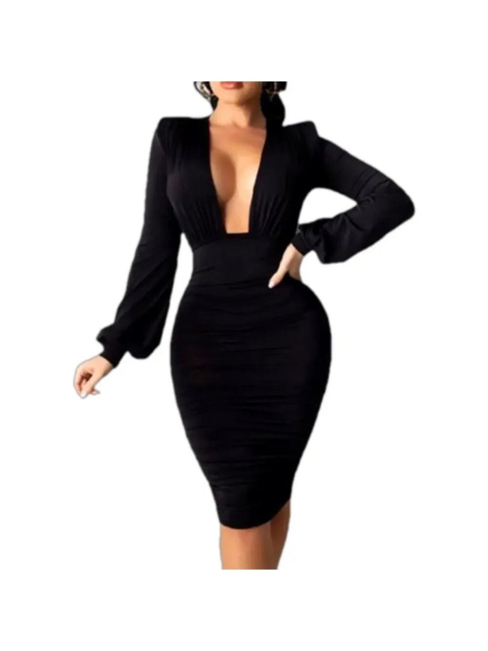 Black Stretch Bodycon Dress Lantern Sleeve Size Medium